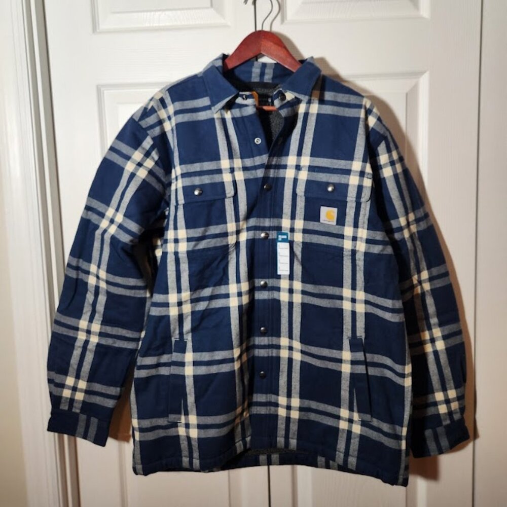 Women's Carhartt Sherpa Lined Shirt Jacket, Size Large, Blue Plaid, NWT